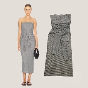 Amanda Uprichard Inaya Strapless Midi Dress | Black White Stripe, M, Resort NWOT